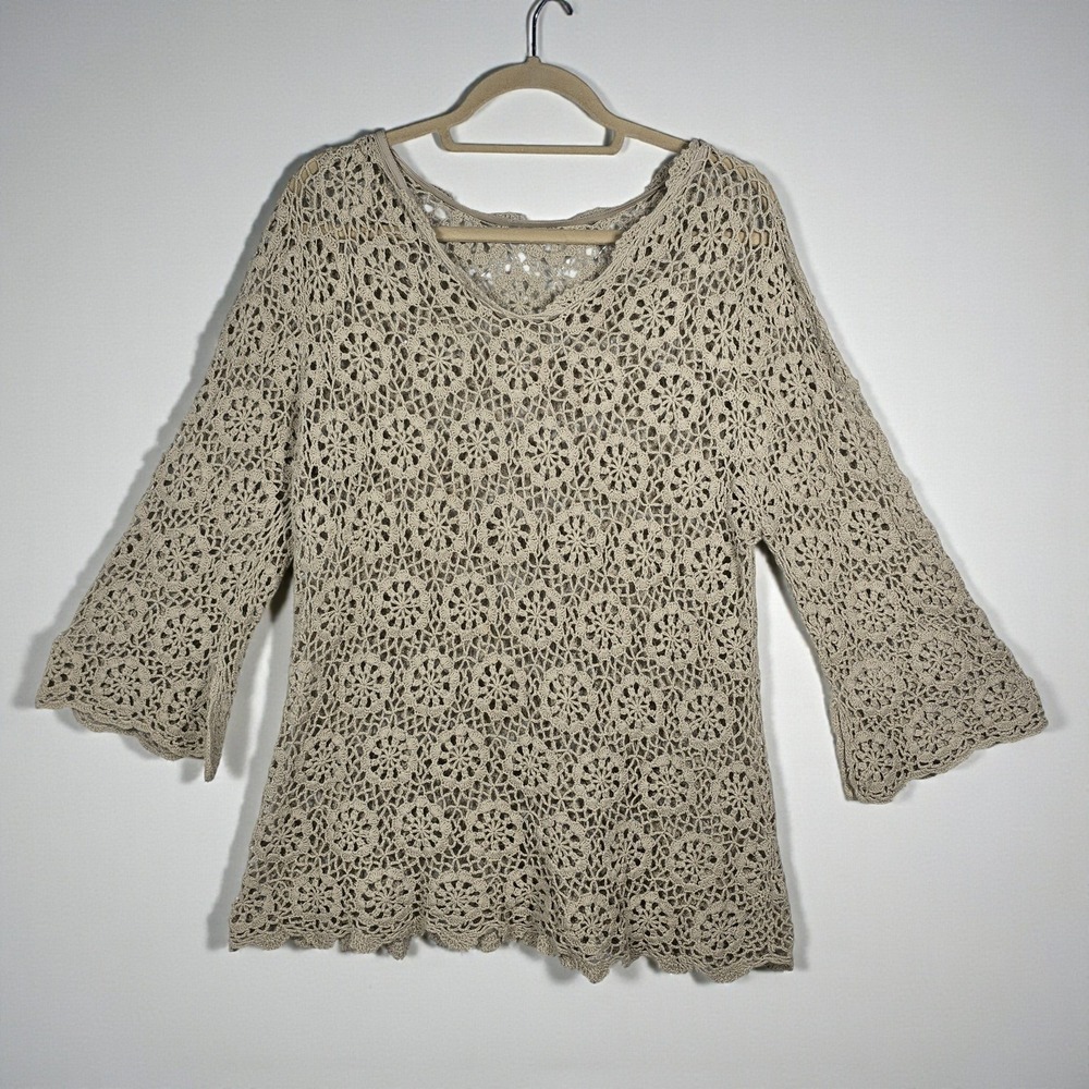 VTG Womens Beige Crochet Tunic Top 3/4 Sleeve V Neck Boho Festival Casual Small?